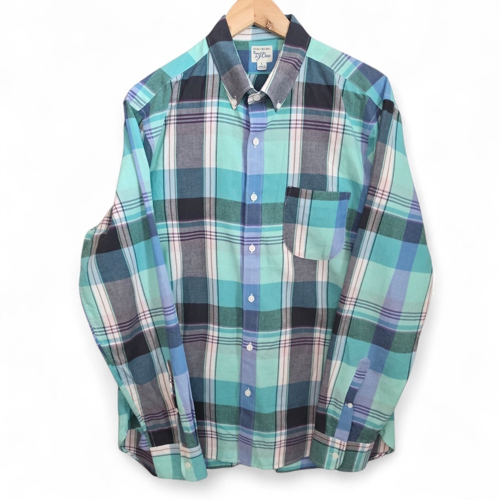 J Crew Shirt Mens Large Blue Teal Button Up Plaid‎ Long Sleeve Pocket Casual